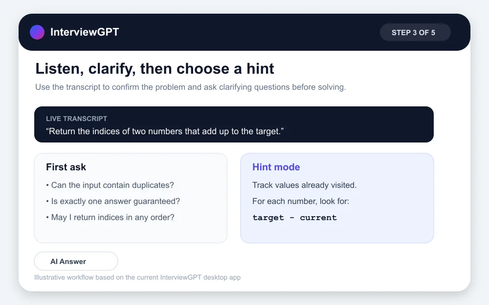 InterviewGPT coding guide step 3: get graduated hints