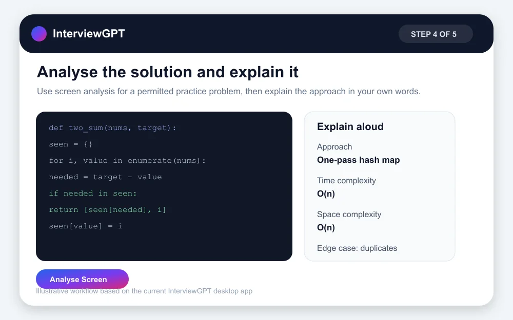 InterviewGPT coding guide step 4: analyse code and explain decisions